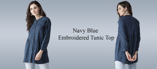 Discover Elegance with the Navy Blue Embroidered Tunic Top for Women