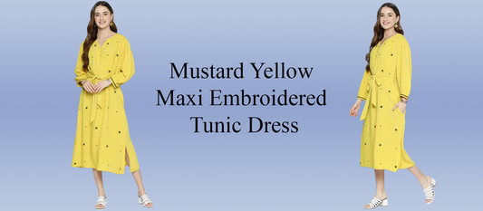 Mustard Yellow Maxi Embroidered Tunic Dress: A Perfect Blend of Elegance and Style