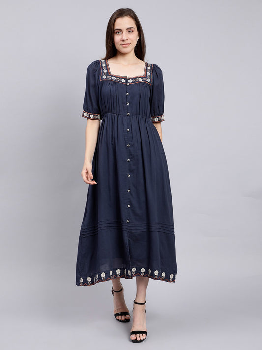 Scoup Navy Embroidered Long Cotton Dress