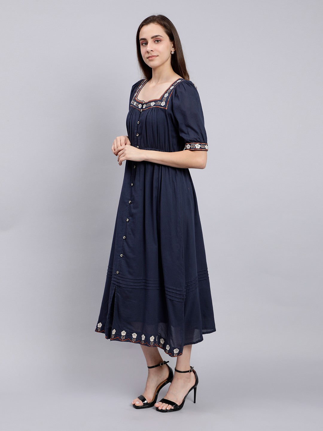 Scoup Navy Embroidered Long Cotton Dress