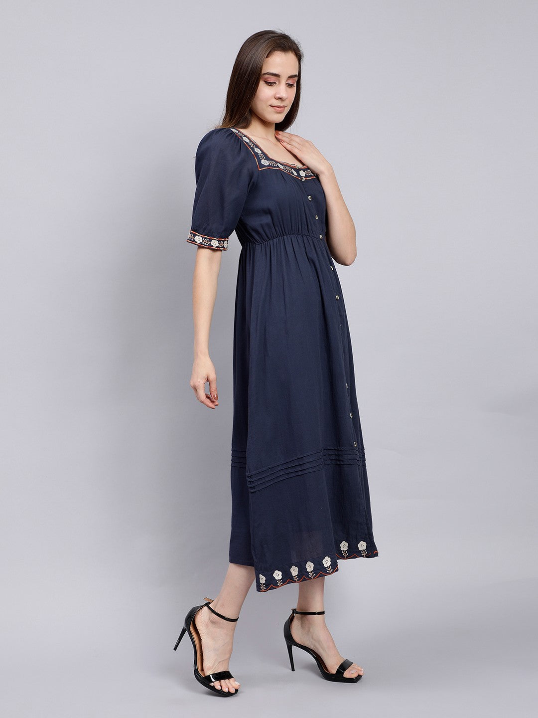 Scoup Navy Embroidered Long Cotton Dress