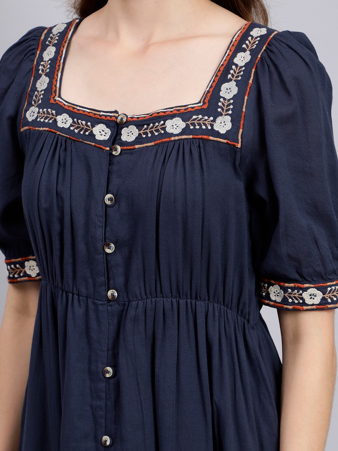 Scoup Navy Embroidered Long Cotton Dress
