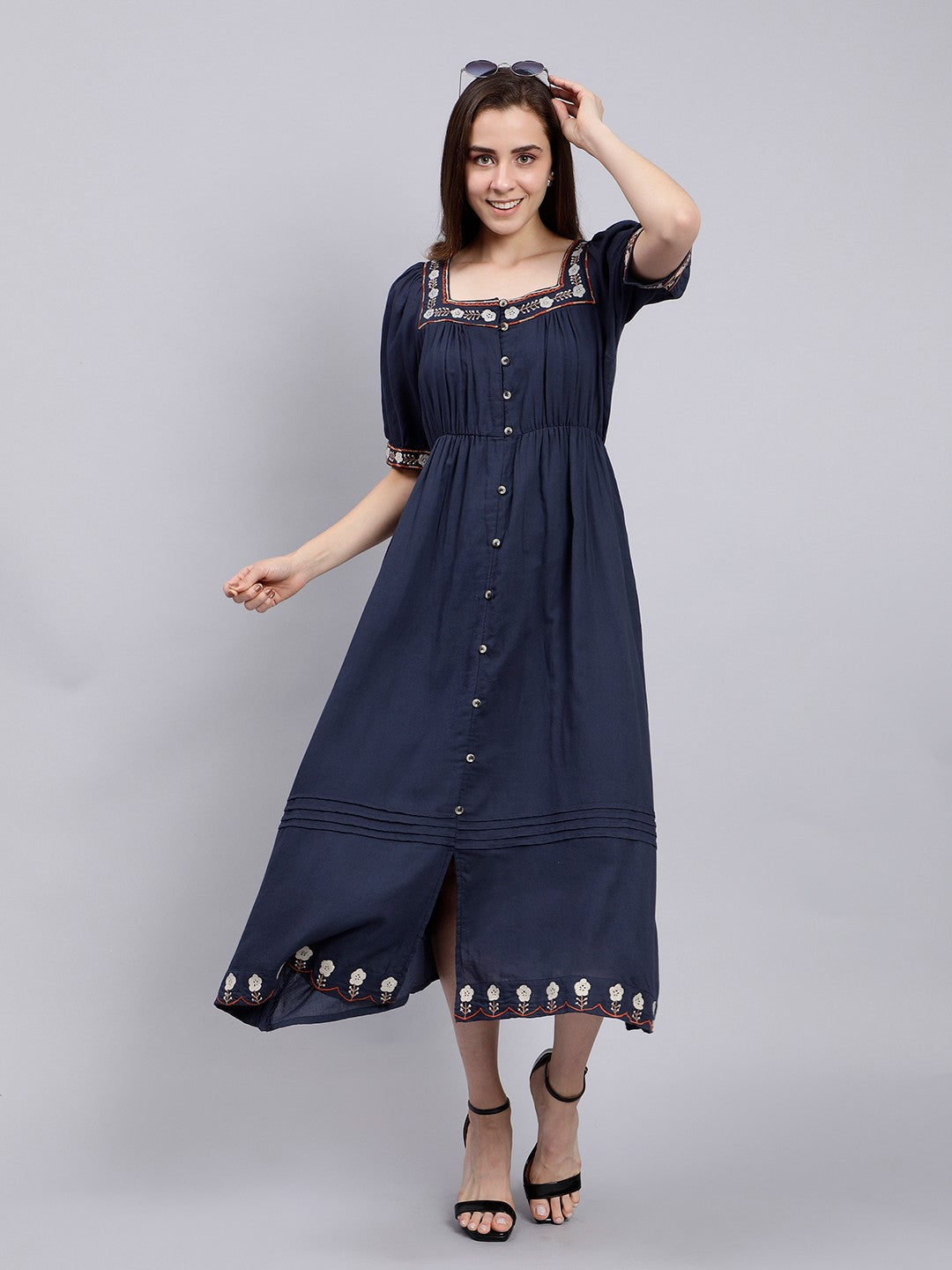 Scoup Navy Embroidered Long Cotton Dress