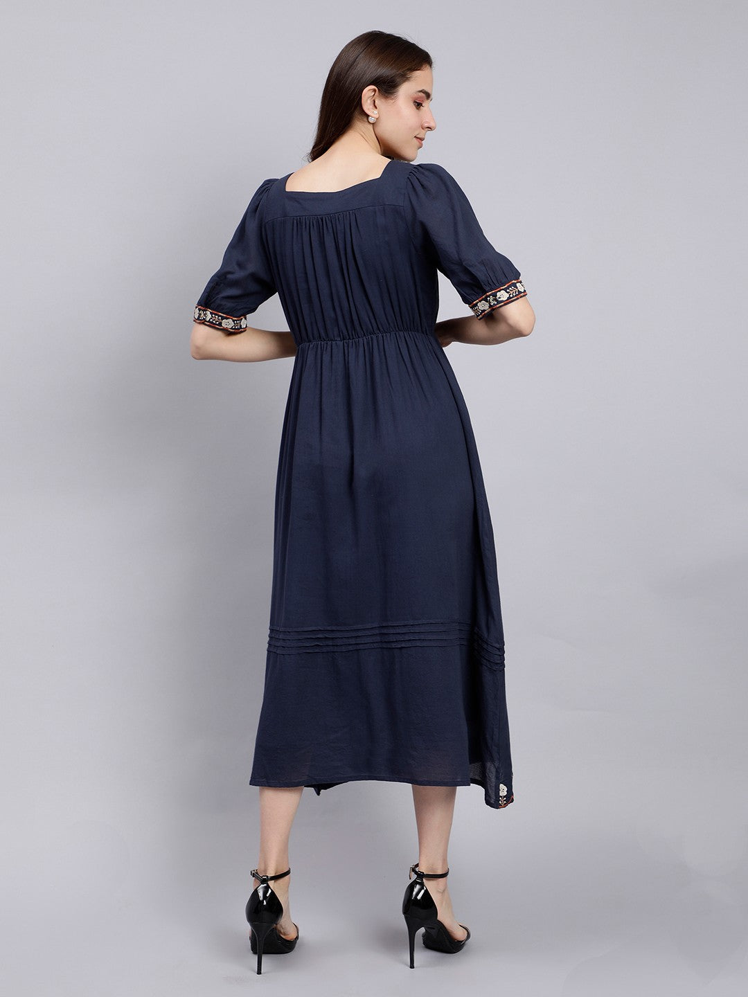 Scoup Navy Embroidered Long Cotton Dress