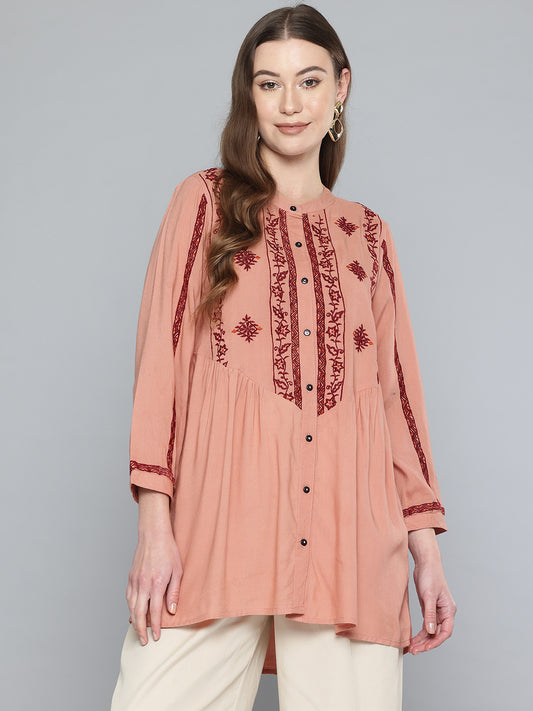 Pink Embroidered Rayon Tunic