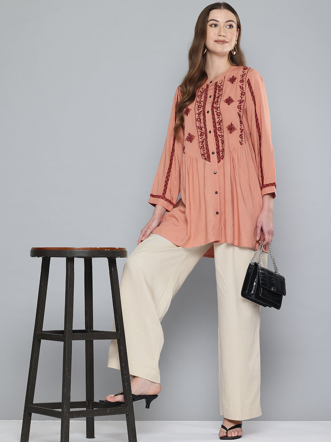 Pink Embroidered Rayon Tunic