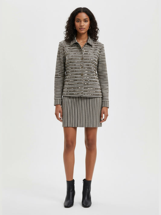 Sequinned Stripe Knit Jacket & Skirt Cord-Set