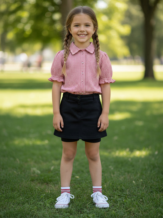Check Embroidered shirt top with short sleeves