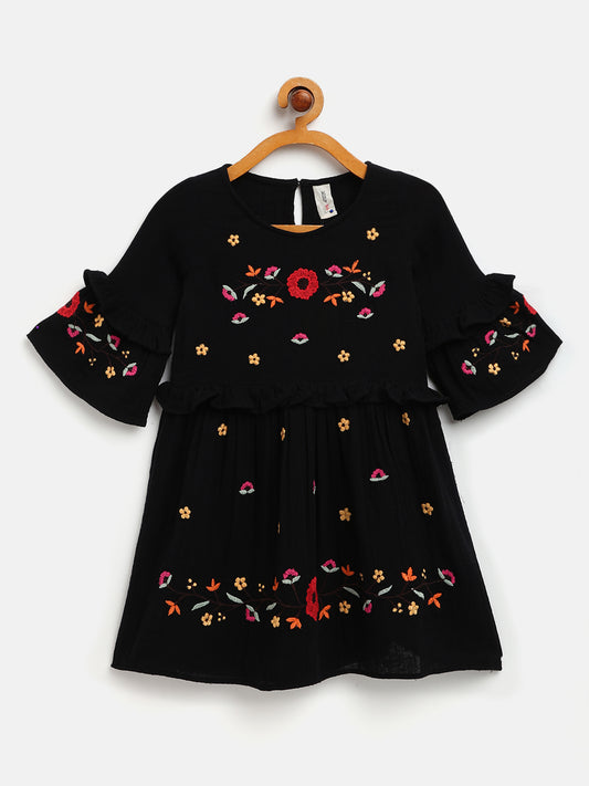 Black Embroidered Cotton Dress with Flarred Sleeves