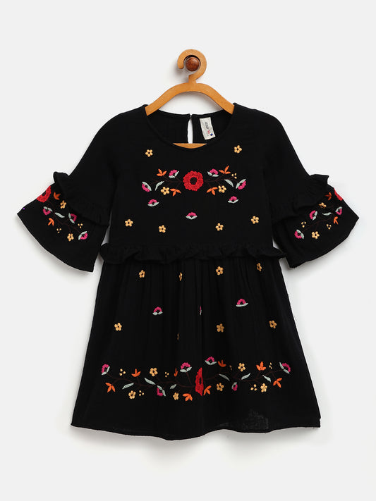Scoup Girls Cream Embroidered Cotton Dress with Flarred Sleeves