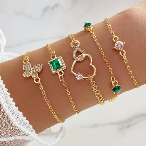 Scoup Gold Colored Charm Bracelet Set with Green and Clear Crystals