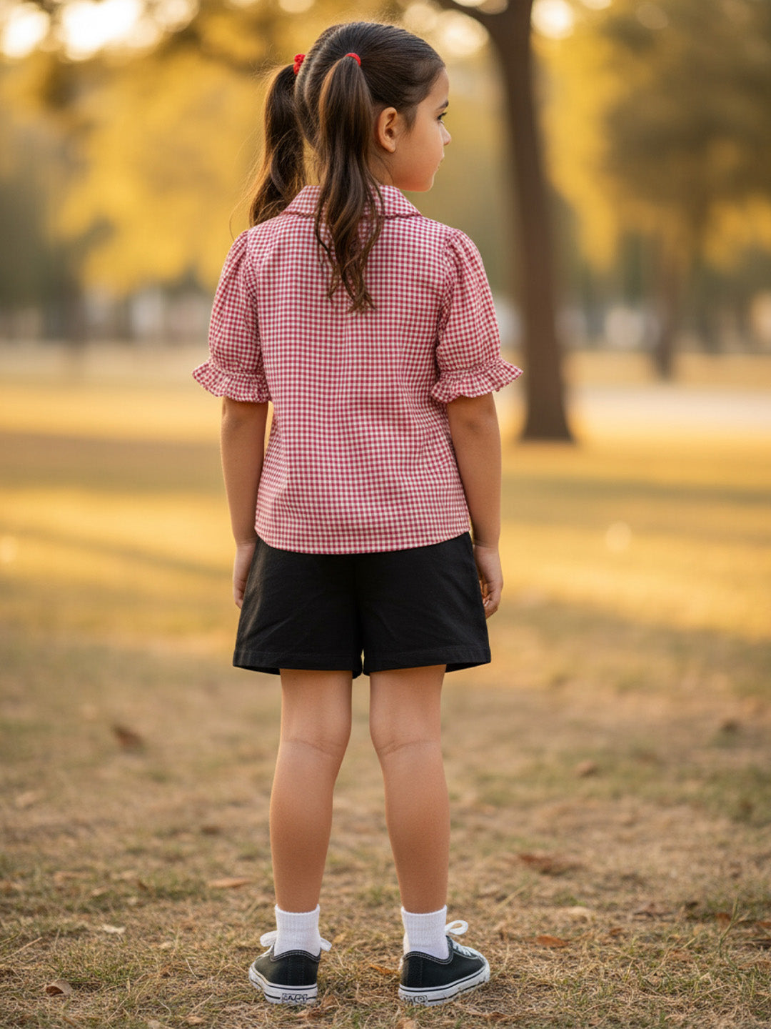 Check Embroidered shirt top with short sleeves