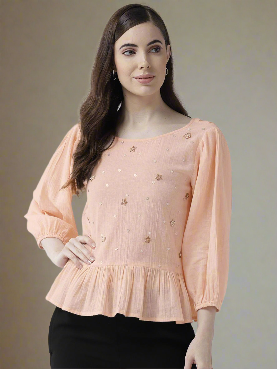 Peach-Coloured Embellished Styled Back Top