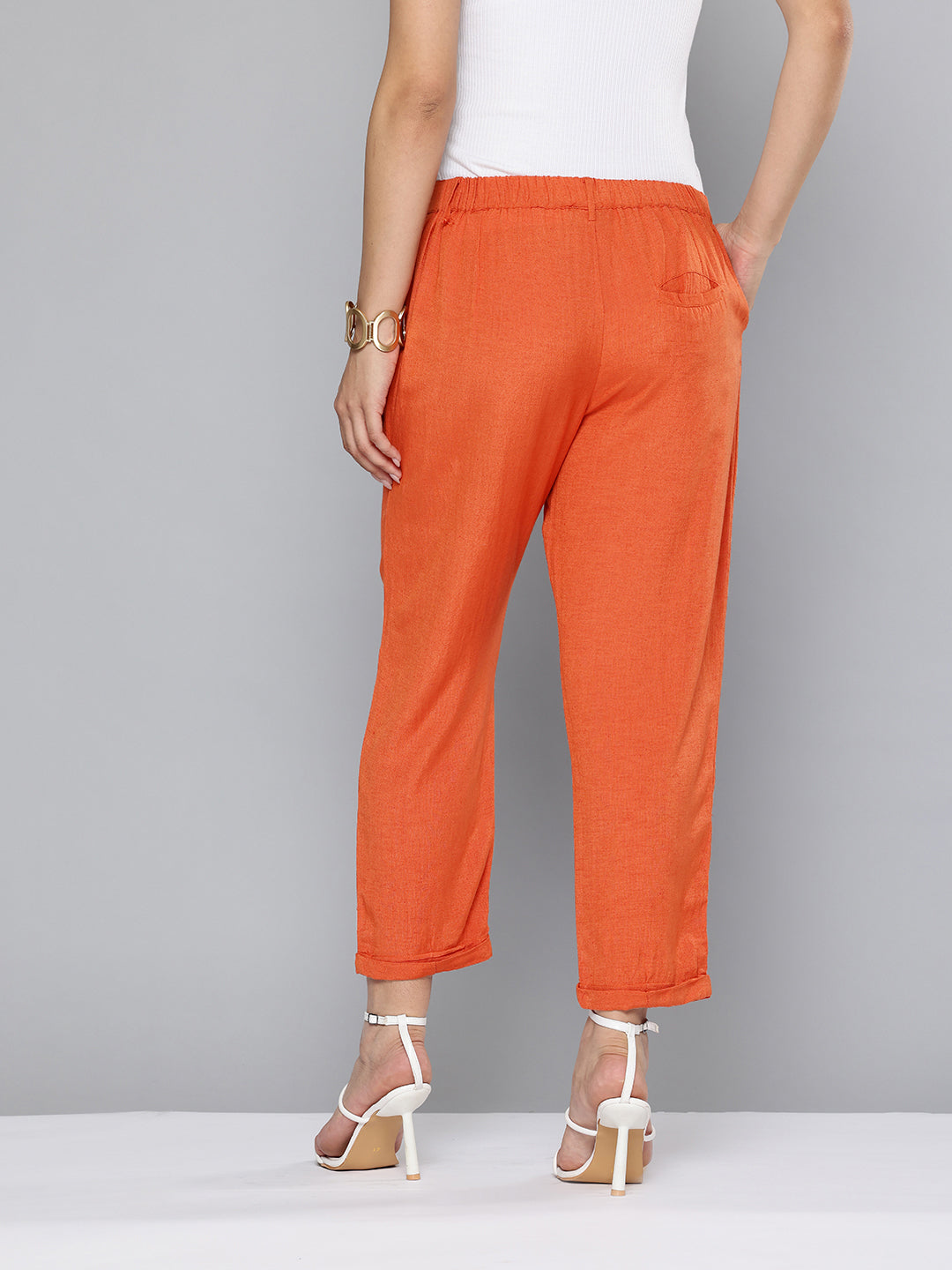 Straight fit pleated orange trousers