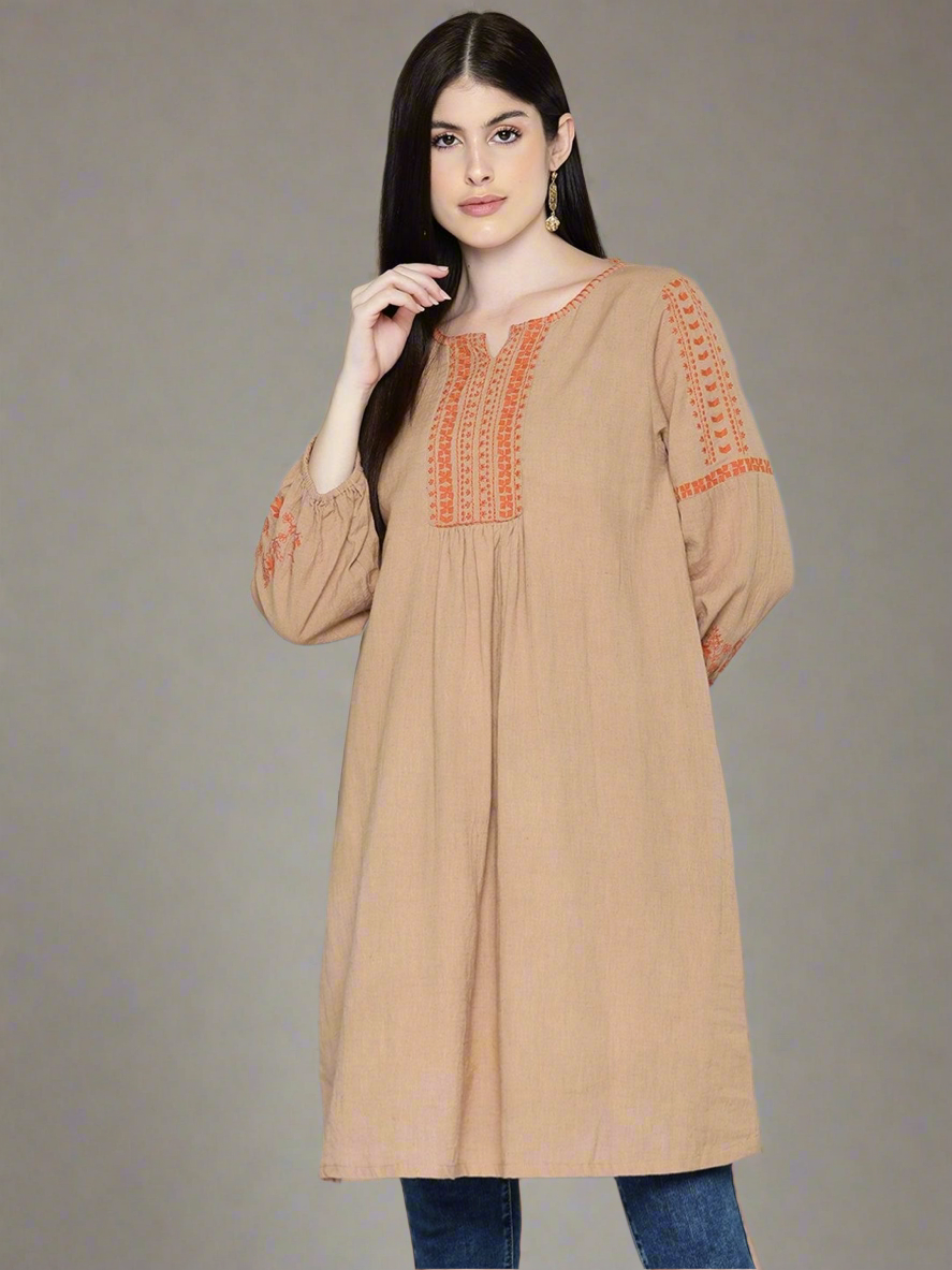 Brown embroidered knee length dress