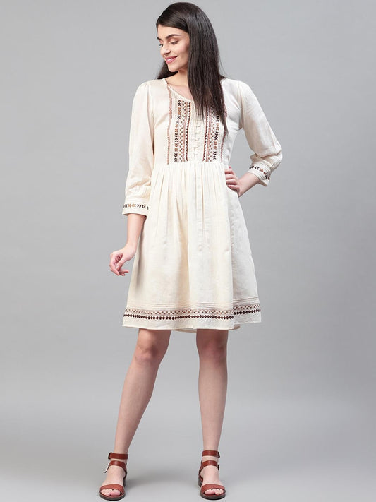 Scoup Cream Cotton Embroidered Dress