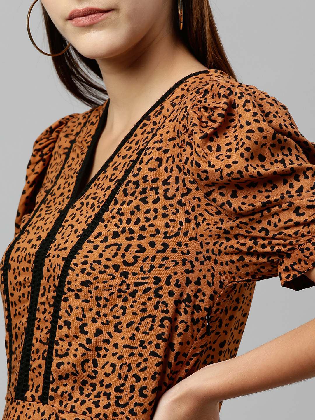 Leopard print long length dress with lace inserts