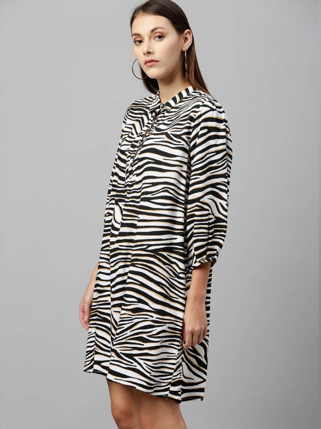 Animal printed shirt dress with three quarter sleeves