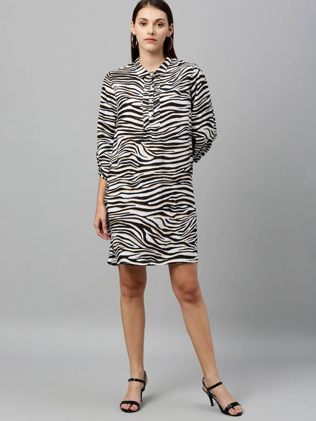 Animal printed shirt dress with three quarter sleeves
