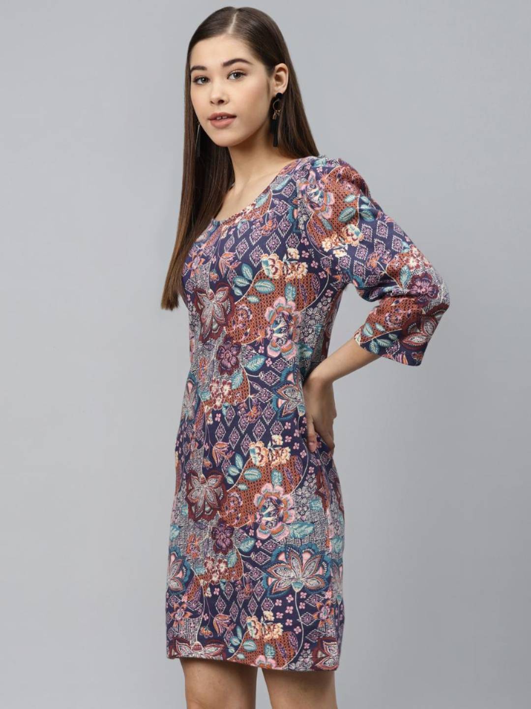 Printed Shift Dress with puff sleeves