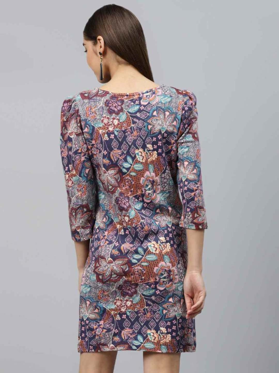 Printed Shift Dress with puff sleeves