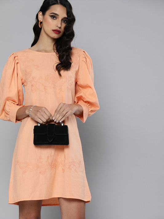 Scoup Volume sleeves embroidered Cotton Linen dress
