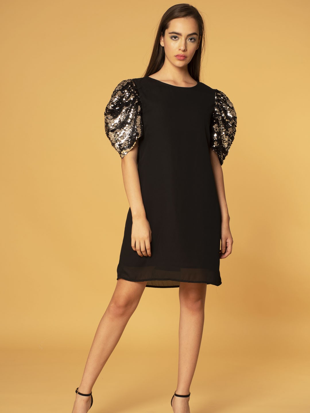 Sequined sleeves Straight Black Dress