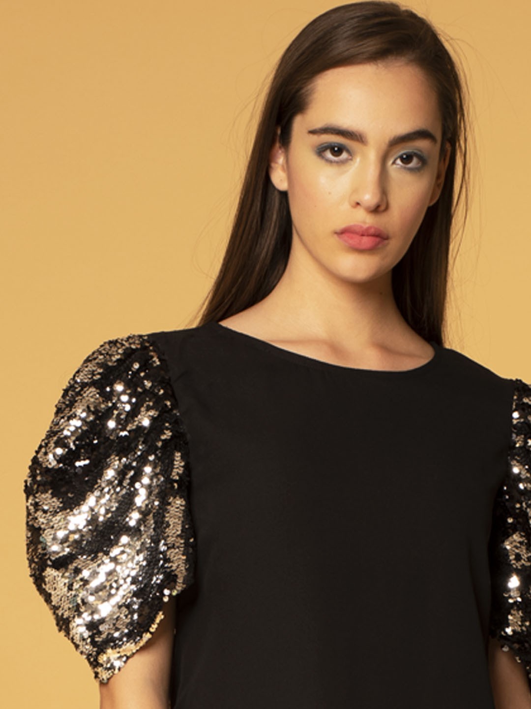 Sequined sleeves Straight Black Dress