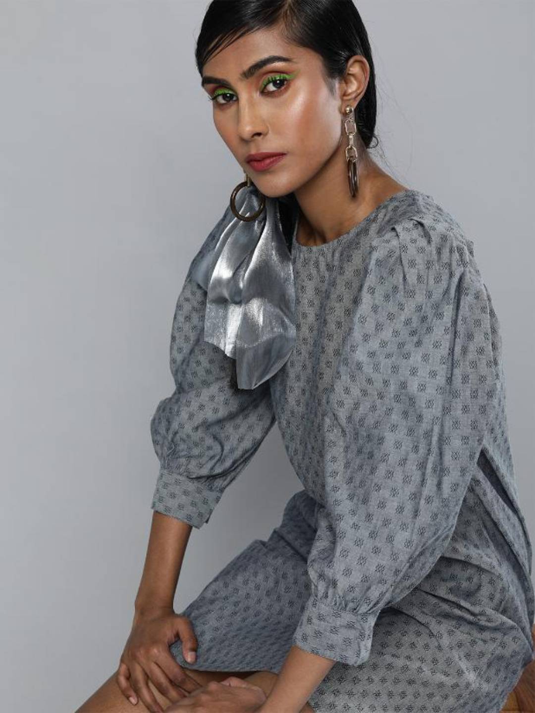 Volume Sleeves Denim Dobby dress