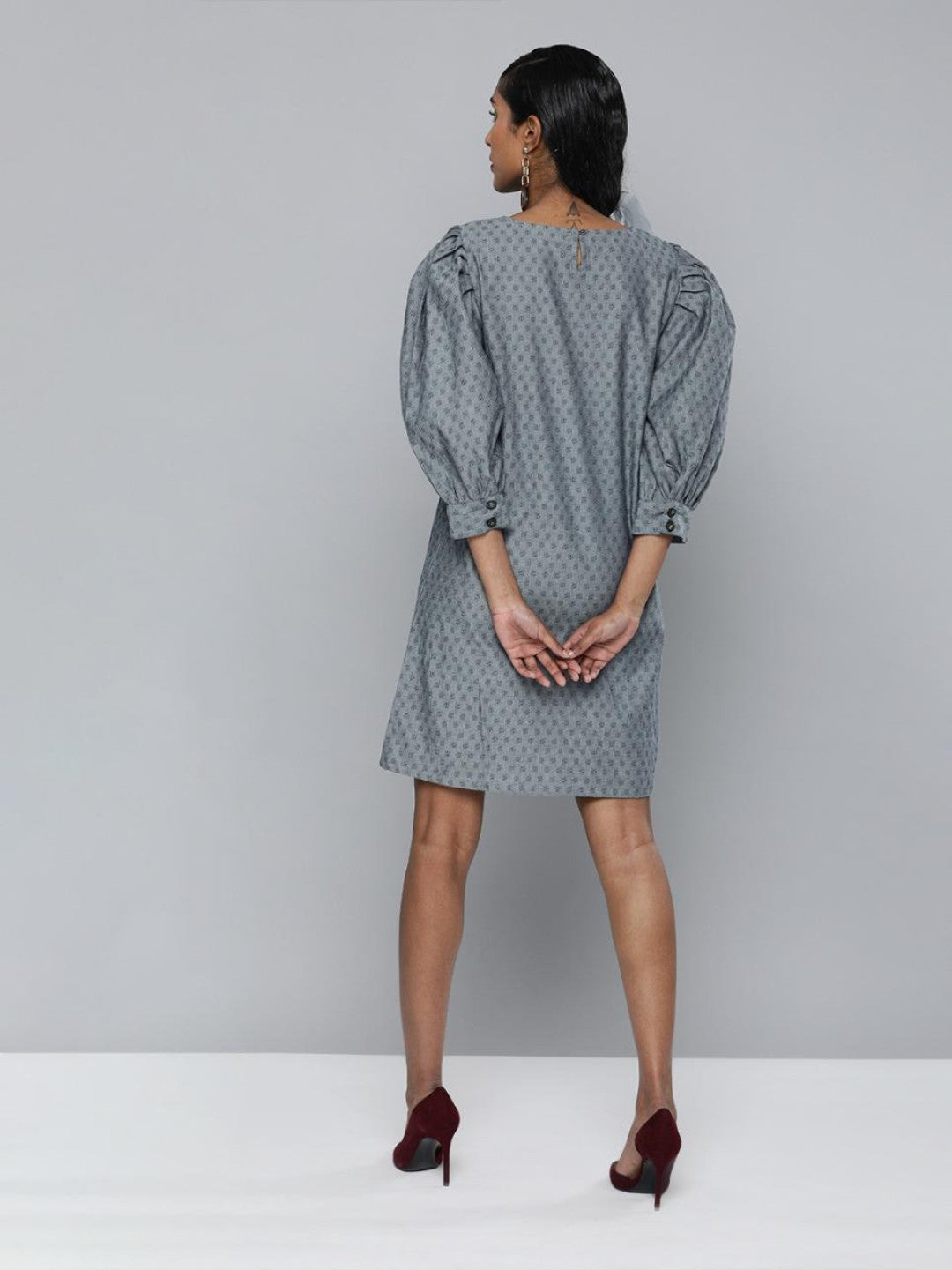 Volume Sleeves Denim Dobby dress