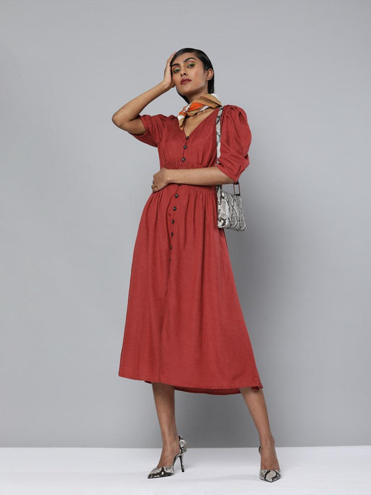 Scoup Puff Sleeves Front buttoned dress