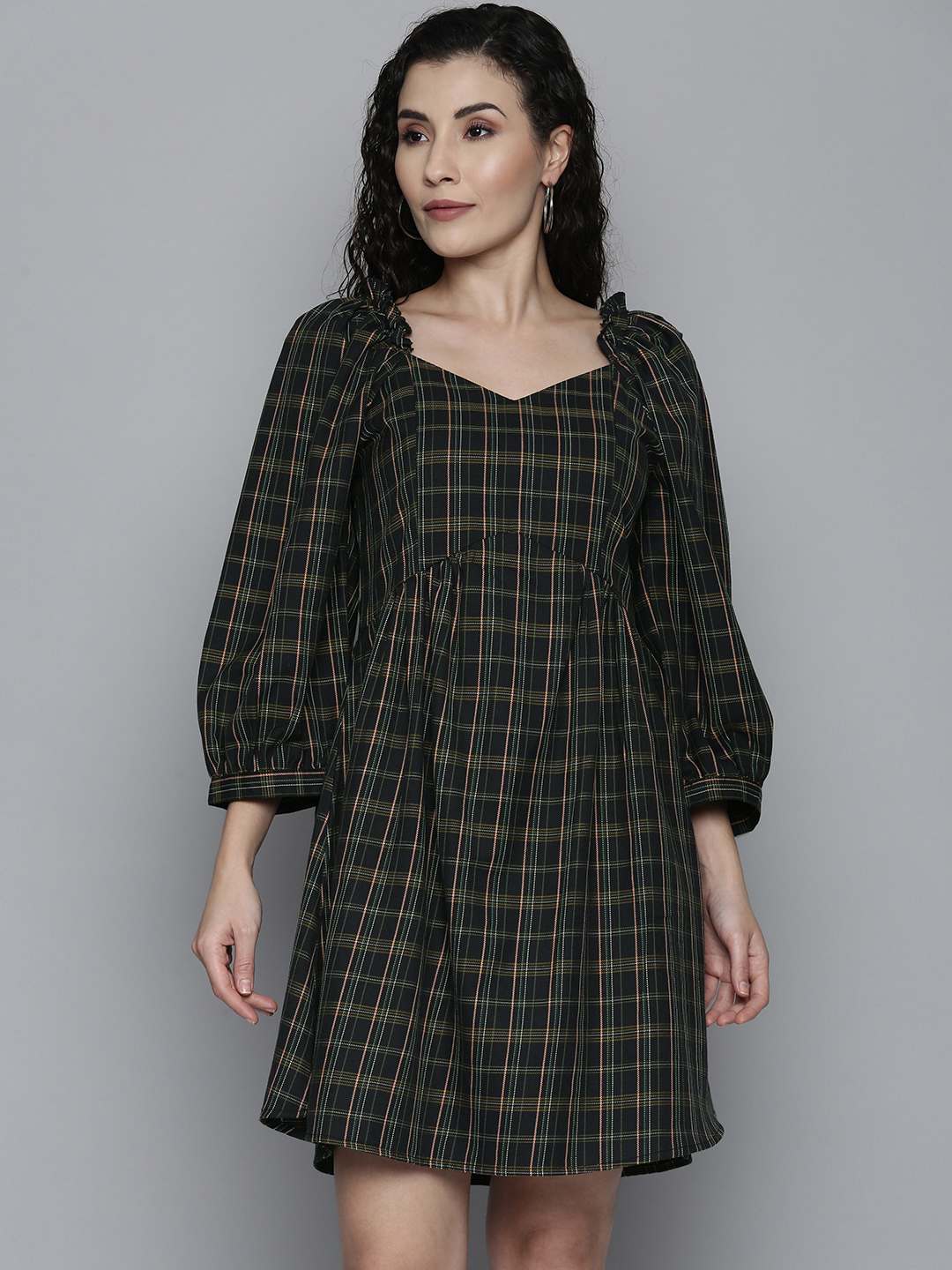 Puff Sleeves Check Dress