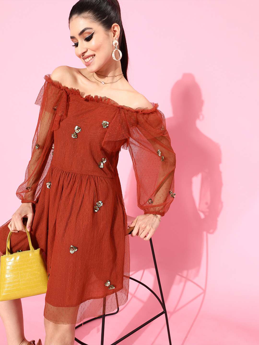 Embellished Mesh Rust Dress