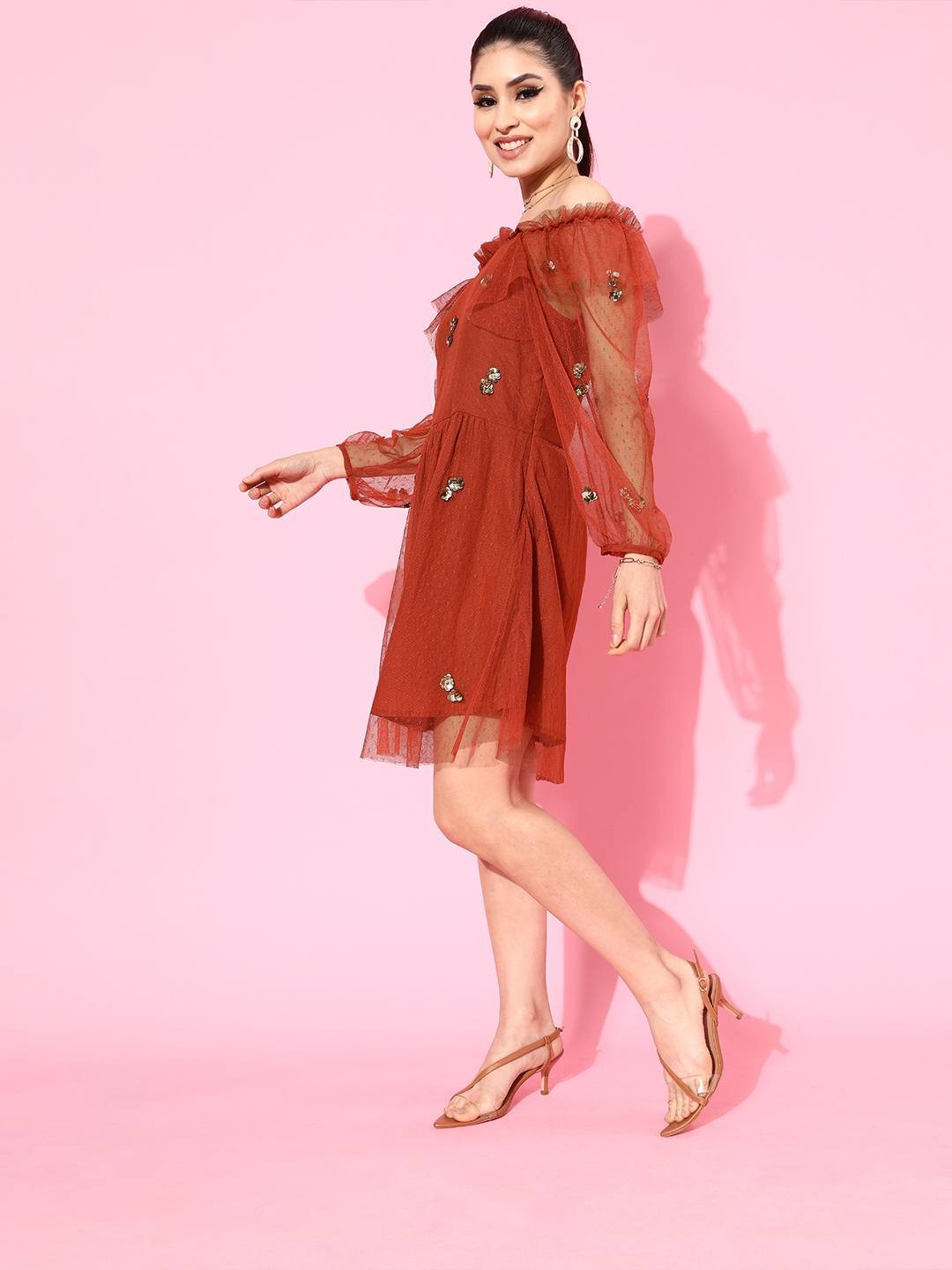 Embellished Mesh Rust Dress