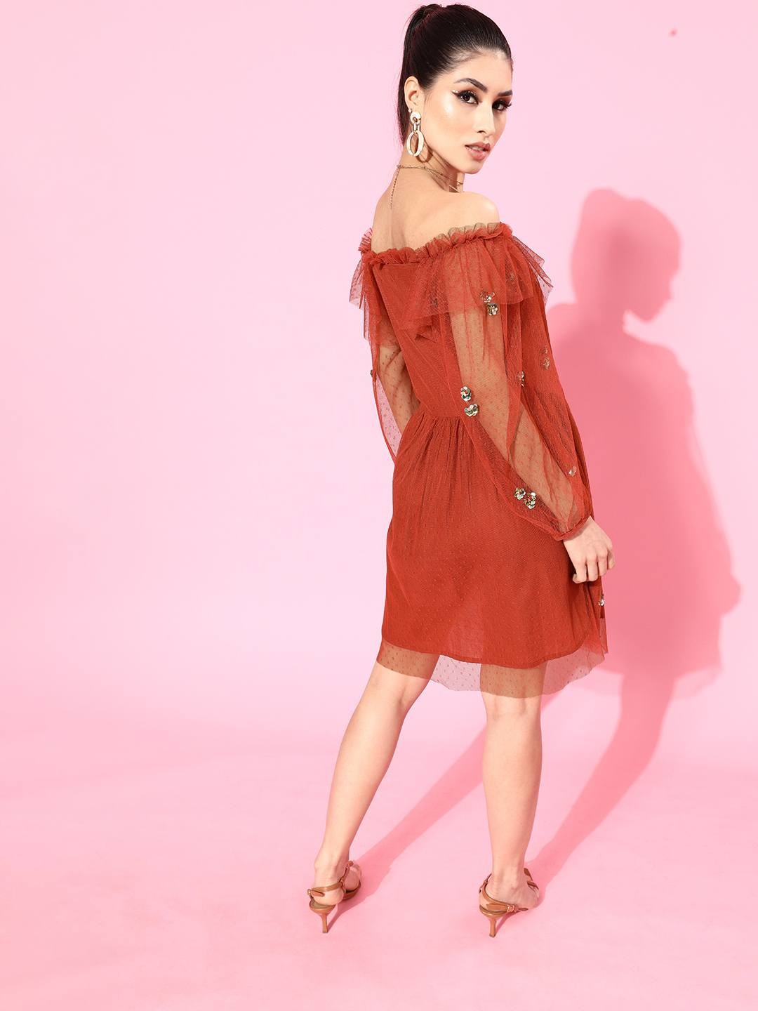 Embellished Mesh Rust Dress