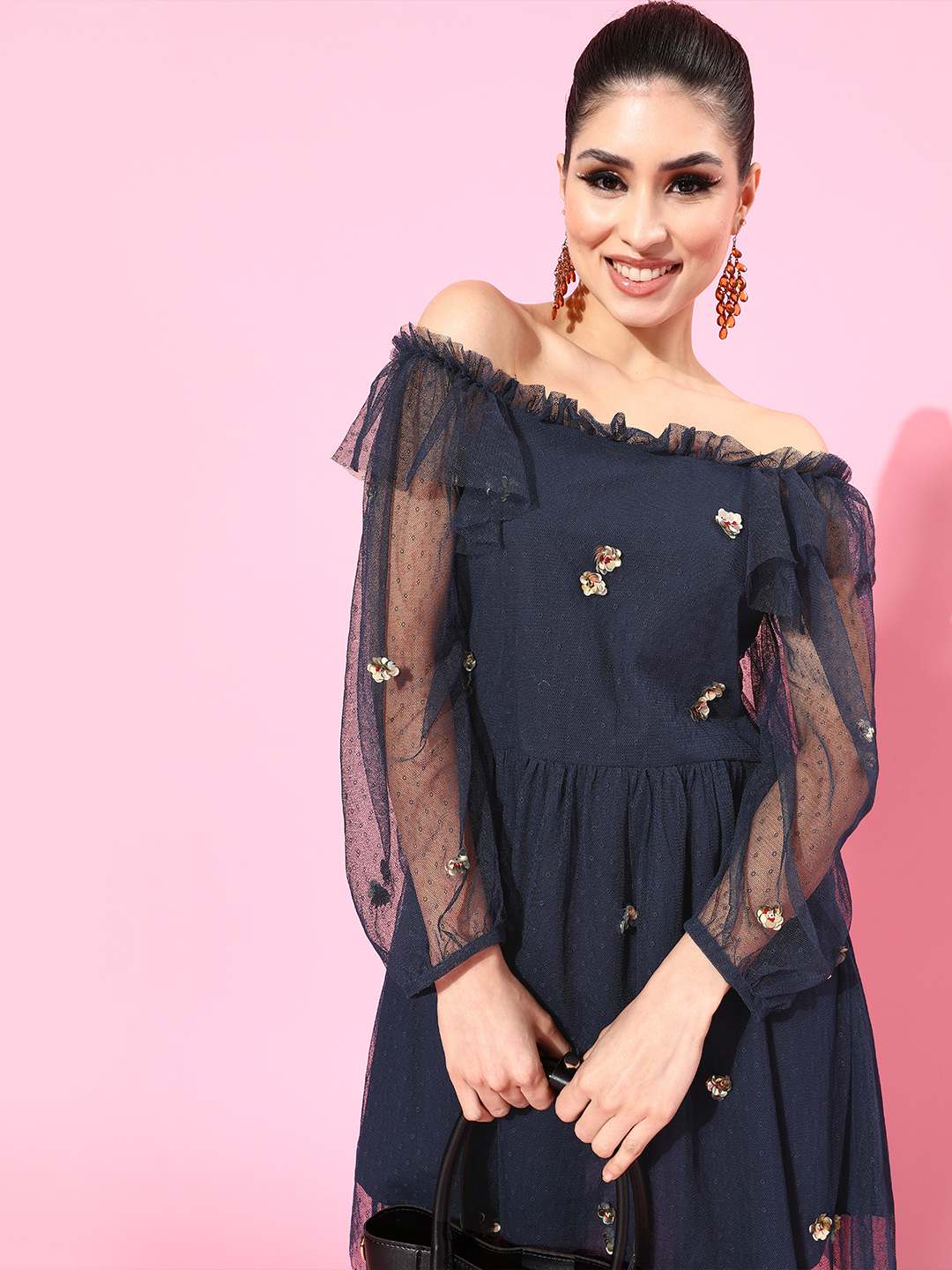 Embellished Mesh Navy Blue Dress