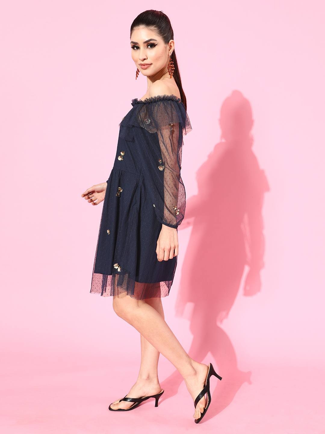 Embellished Mesh Navy Blue Dress