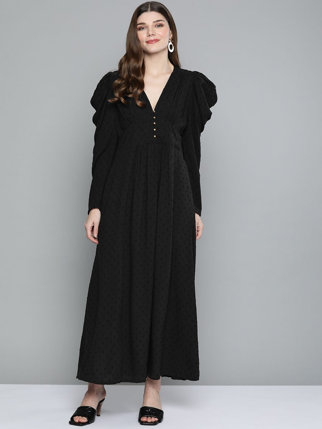 Scoup V-Neckline Black Dobby Maxi Dress