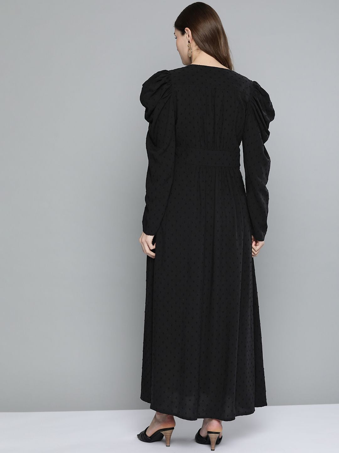Scoup V-Neckline Black Dobby Maxi Dress