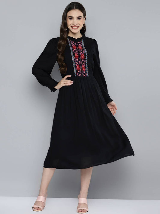 Scoup Black Front Yoke Cross-stitch Embroidered Dress