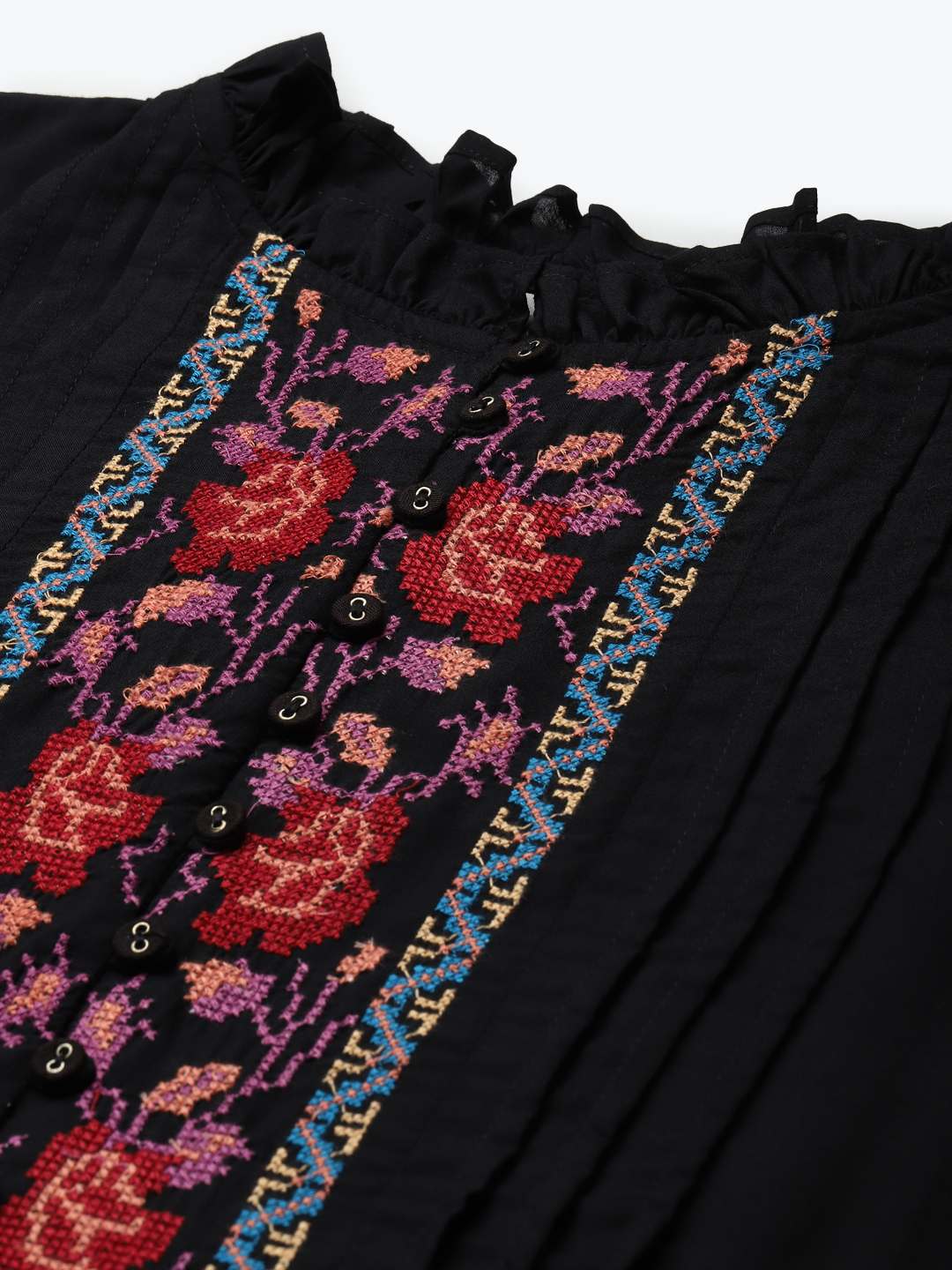 Scoup Black Front Yoke Cross-stitch Embroidered Dress