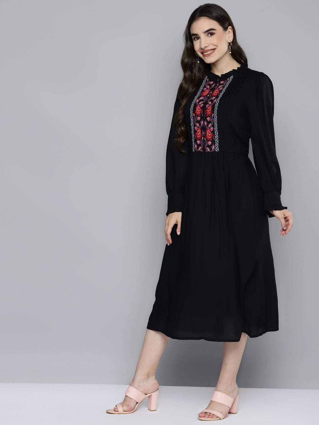 Scoup Black Front Yoke Cross-stitch Embroidered Dress
