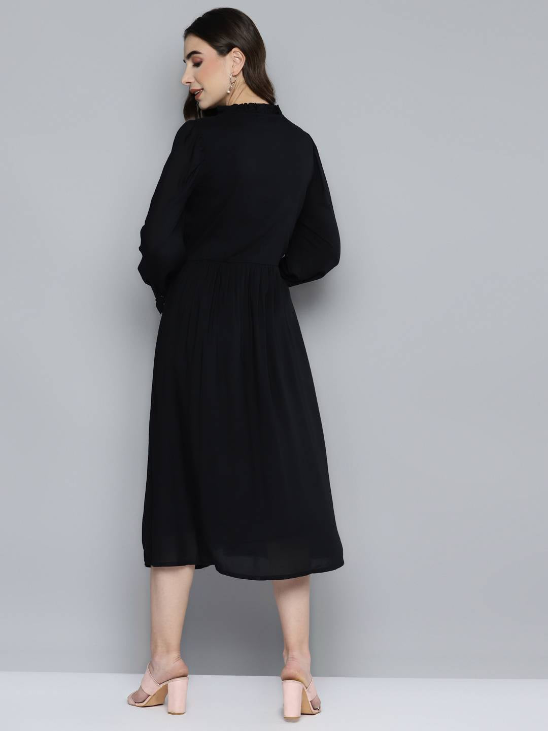Scoup Black Front Yoke Cross-stitch Embroidered Dress