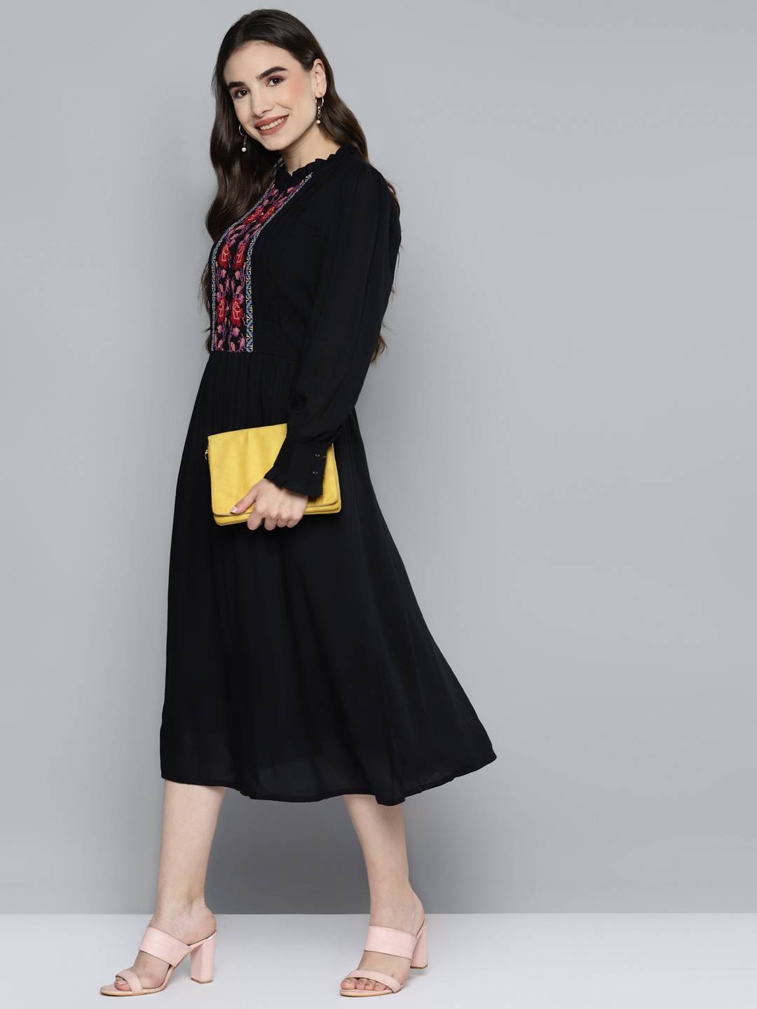 Scoup Black Front Yoke Cross-stitch Embroidered Dress