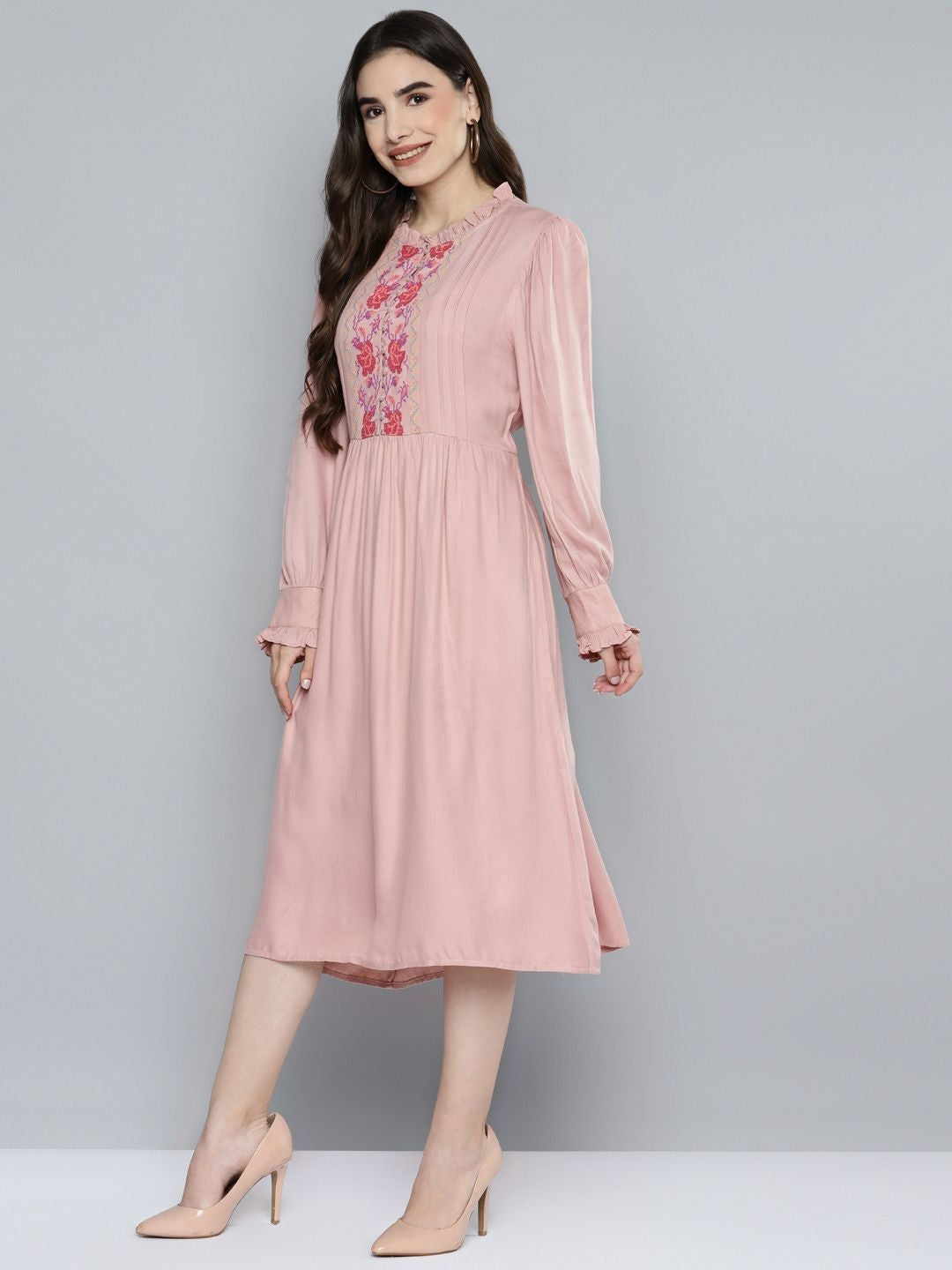 Scoup Pink Front Yoke Cross-stitch Embroidered Rayon Dress
