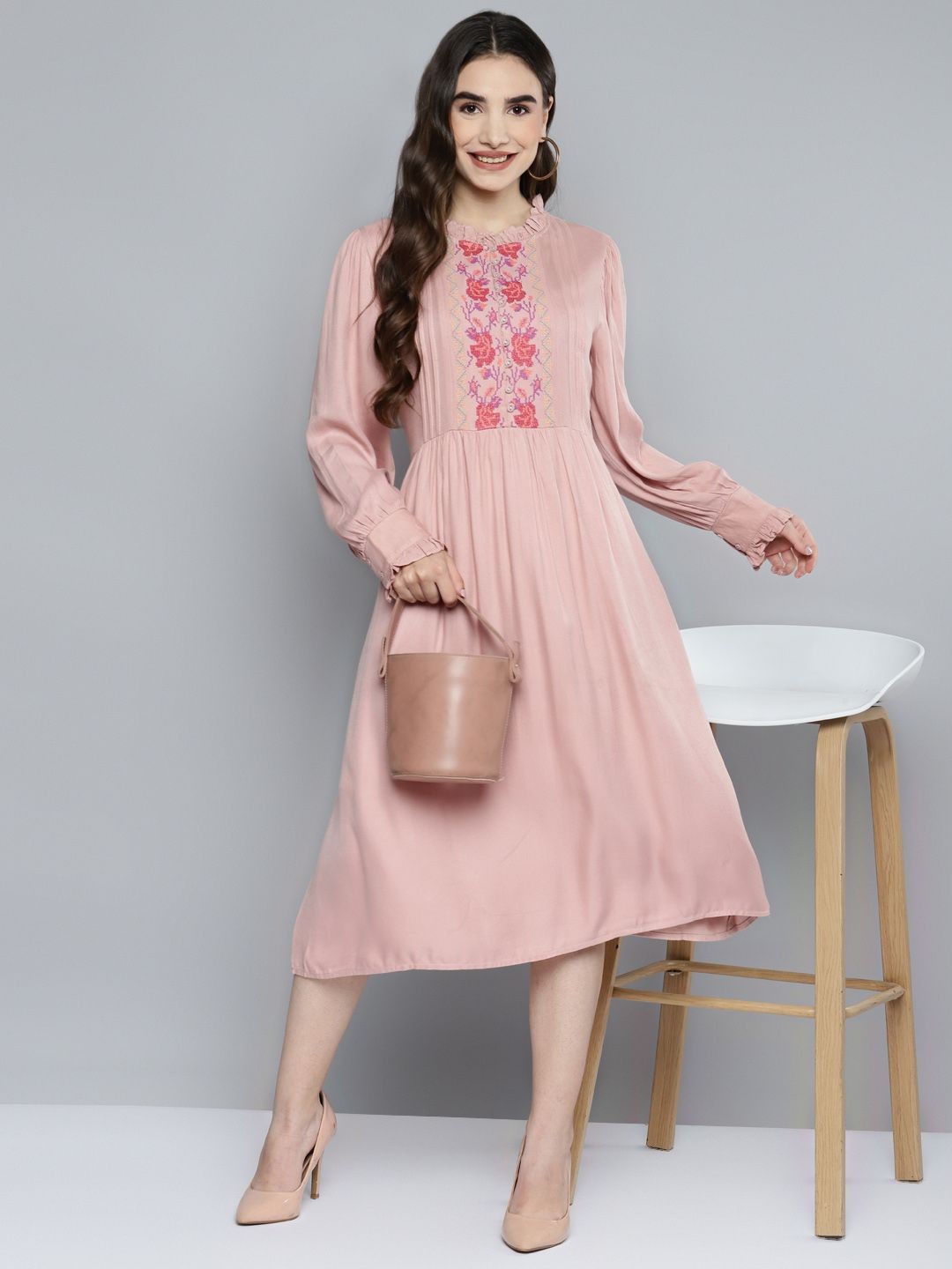 Scoup Pink Front Yoke Cross-stitch Embroidered Rayon Dress