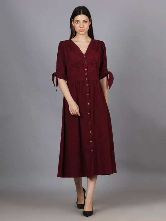 Scoup Maroon Cutwork Cotton Midi Dress
