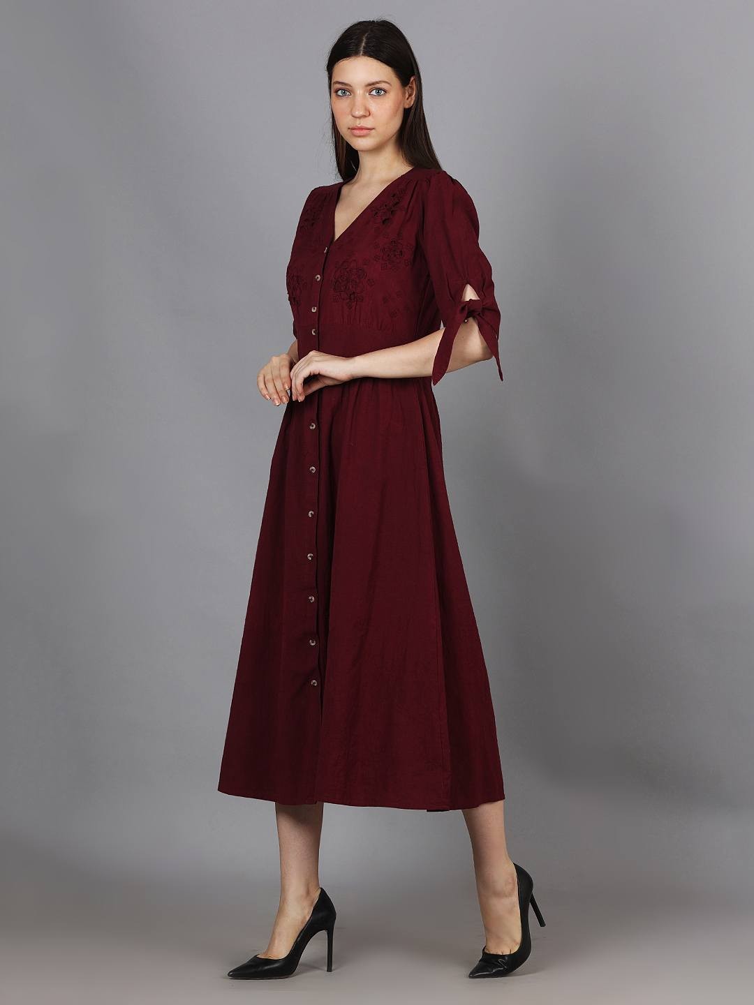 Scoup Maroon Cutwork Cotton Midi Dress
