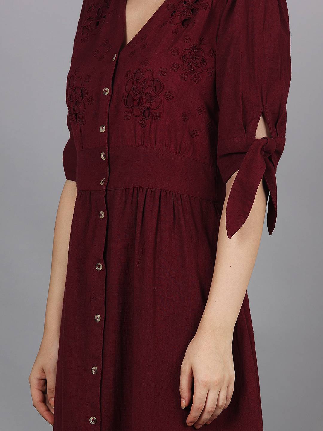Scoup Maroon Cutwork Cotton Midi Dress