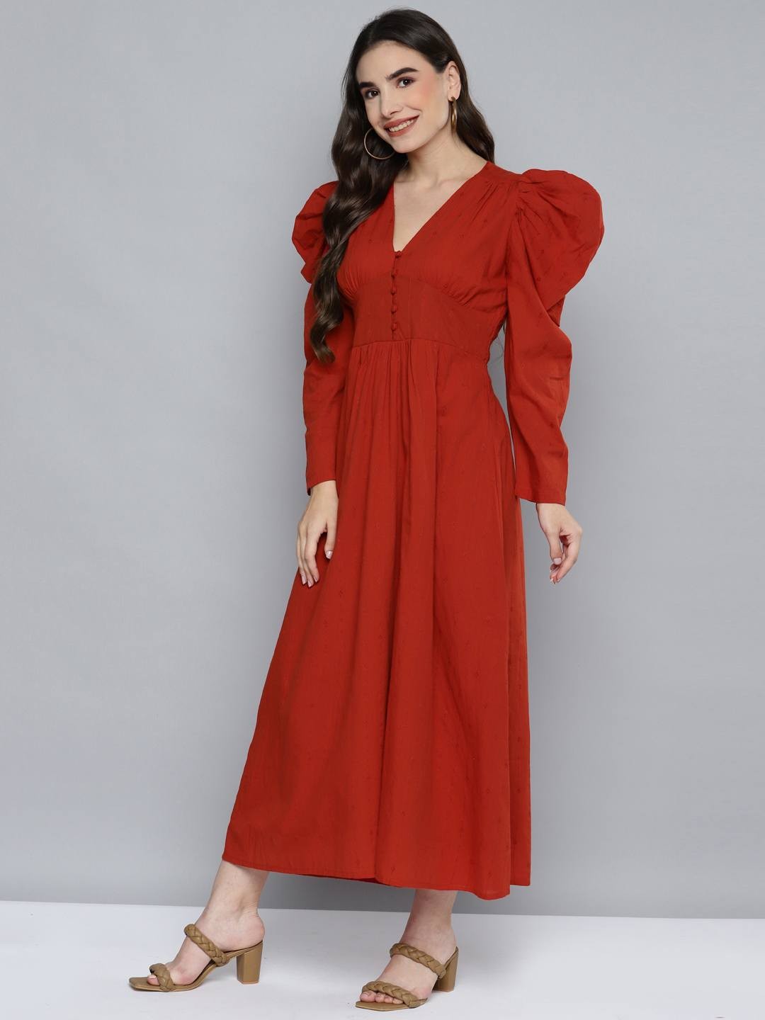 Red V-Neck Dobby Maxi Dress